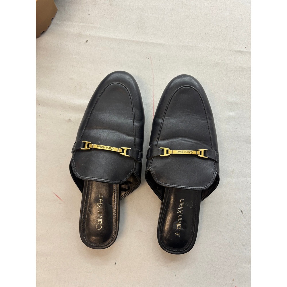 Calvin Klein Womens Black Leather Mule Loafers Gold Logo Hardware Size 8M